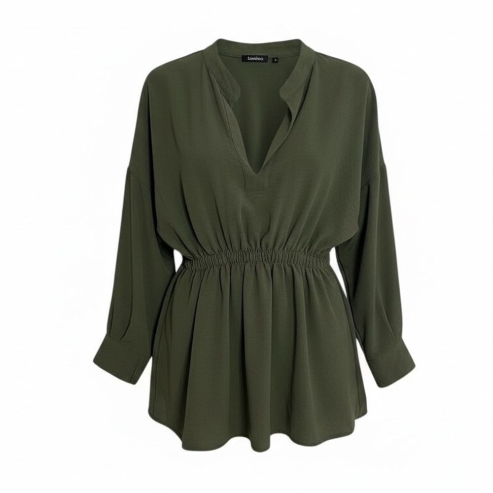 Boohoo Long Sleeve Elastic Waistband Tunic Pullover Blouse Top Green Size 2